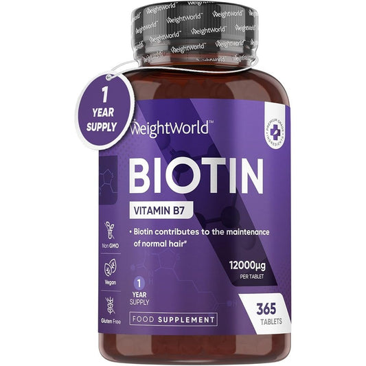 Biotin Hair Growth Supplement 12000Mcg - 365 Vegan Biotin Tablets (1 Year Supply) - Hair Skin and Nails Vitamins for Women and Men – High Absorption D-Biotin - Hair Growth Vitamins - Made in the UK