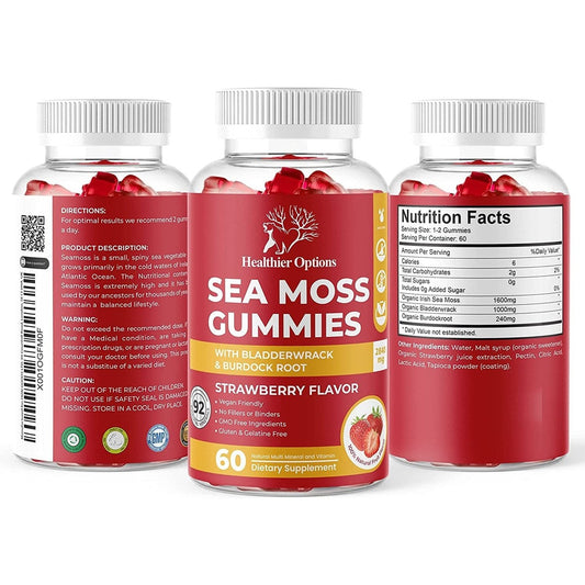 Irish Sea Moss Gummies with Bladderwrack & Burdock Root 2840 Mg | 60 Gummies | Strawberry Flavour | Vitamins & Minerals | Organic, Natural, Vegan, Gluten Free, Non GMO, High Strength