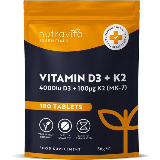 Vitamin D3 4000 Iu & Vitamin K2 100Μg (MK7) – 180 Vitamin D3 K2 Vegetarian Tablets – 6 Month Supply - High Strength Vitamin D Supplement for Bones, Muscles & Immune System –