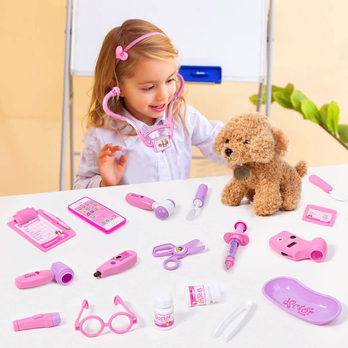 Doctors Set for Kids - Children Pet Vet Care Play Set with Doctor Costume, Plush Dog, Pretend Role Play Medical Kit Toys Gifts for 3 4 5 6 Year Old Toddlers