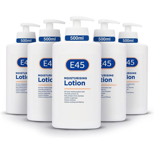 E45 Body Lotion 500 Ml X5 Pack – E45 Moisturising Lotion with Pump – Daily Moisturiser for Long-Lasting Hydration for Dry Skin and Sensitive Skin – Protect from Dryness, Reduce Redness and Flaking