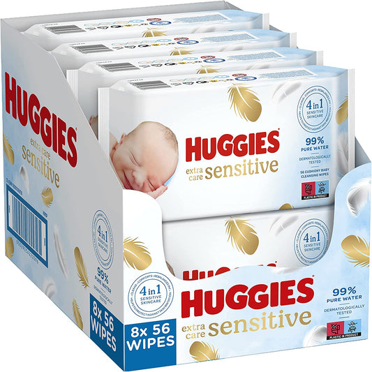 Huggies Pure Extra Care, Baby Wipes - 8 Packs (448 Wipes Total) - Fragrance Free Wet Wipes for Sensitive Skin - 99 Percent Pure Water with Natural Fibres