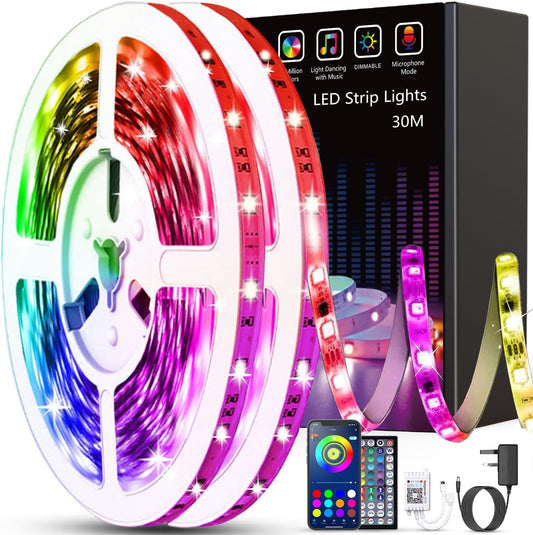 30M Led Strip Lights (2 Rolls of 15M) Bluetooth Smart App Control Music Sync Color Changing RGB Led Light Strips with Remote,Led Lights for Bedroom Room Home Birthday Decor