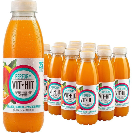 VIT HIT Perform - 12 X Orange + Mango + Passionfruit + Matcha Tea + Amino Acids | Vegan, Low Sugar, Low Calories, Vitamin Drink | 100% RDA of 8 Vitamins (500Ml X12 Bottles) Clear Store