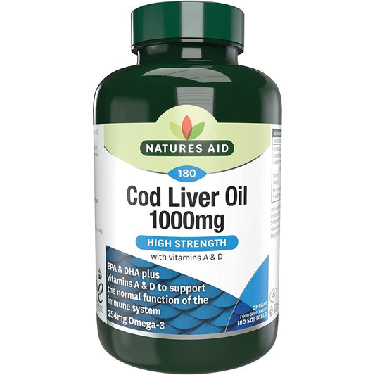 Natures Aid Cod Liver Oil, 1000 Mg, 180 Softgel Capsules, High Strength, 254 Mg Omega-3 with Vitamins A and D Clear Store