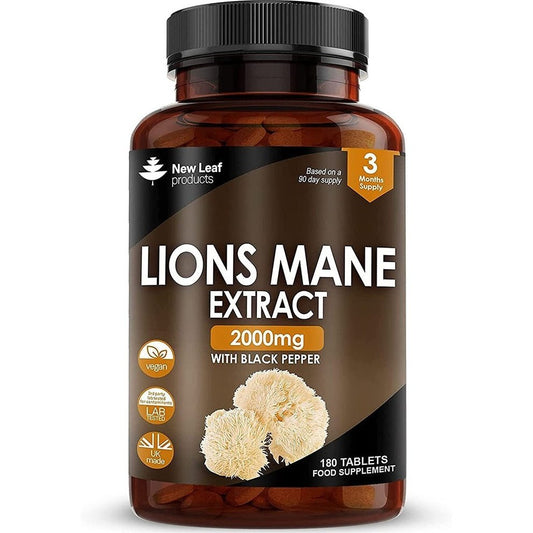 Lions Mane Mushroom 2000Mg - 180 High Strength Vegan Tablets - Lion'S Mane Supplement with Black Pepper - Lion'S Mane Mushrooms Extract (Not Powder or Capsules) Made in the UK by