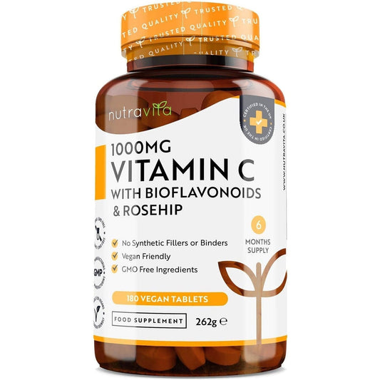 Vitamin C 1000Mg – 180 Premium Vegan & Vegetarian Tablets – 6 Month Supply – High Strength Ascorbic Acid – with Added Bioflavonoids & Rosehip – for Normal Immune System Clear Store