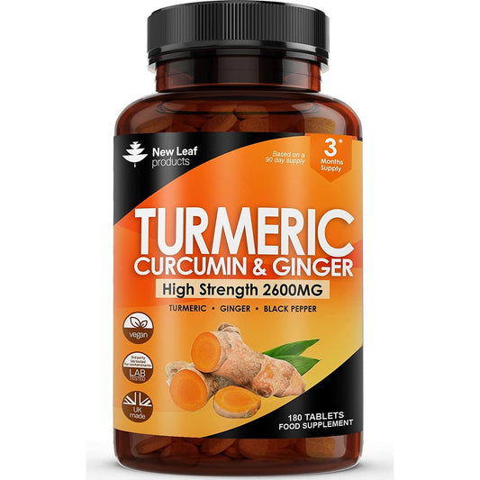 Turmeric Tablets 2600Mg with Black Pepper & Ginger - 95% Curcumin Extract -180 Turmeric and Black Pepper Tablets (3 Months) High Strength Active Turmeric Supplements Not Turmeric Capsules,By New Leaf