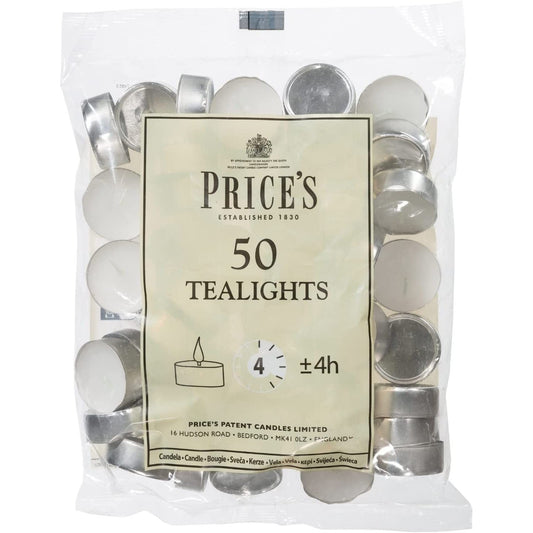 Prices Patent Candles White Tealights Bag, Pack of 50, Wax, L X 3.8Cm W X 1.8Cm H Clear Store