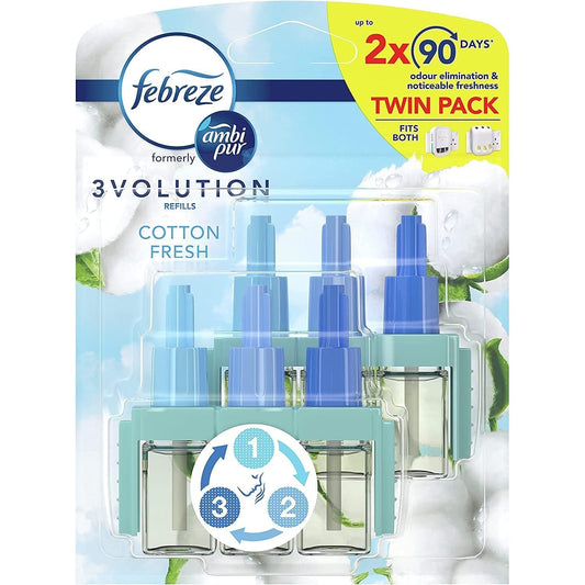 Febreze Ambi Pur 3Volution Air Freshener Plug-In Diffuser Refill, Odour Eliminator, Cotton Fresh, Package May Vary, 2 X 20Ml, Pack of 1 Clear Store