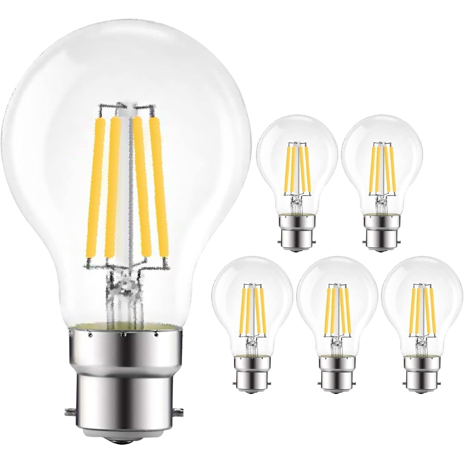 B22 LED Bayonet Filament Bulb, 8W(69W Equivalent), 950LM, Warm White 2700K, A60 Vintage Clear Glass Globe Energy Saving Light Bulbs, Non-Dimmable, Pack of 6