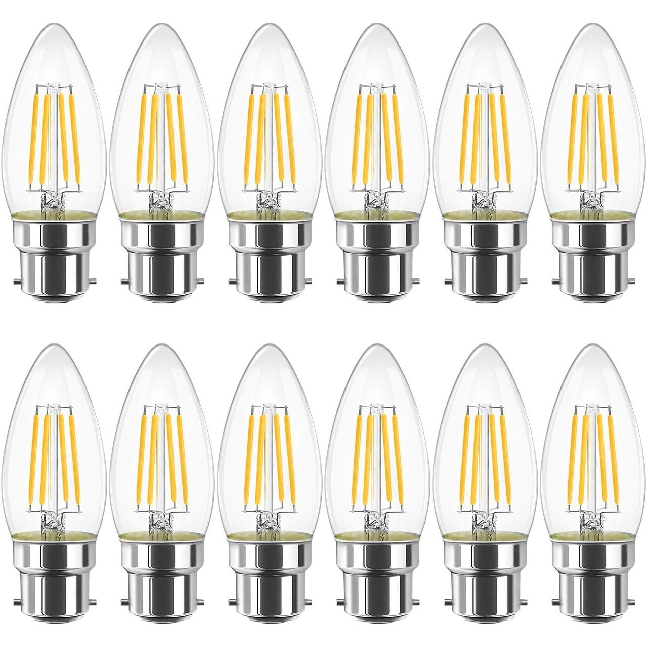 B22 LED Filament Candle Bulb, C35 Bayonet Light Bulbs,470Lm, 4W Replace 40Watt,2700K Warm White Candle Bulbs for Chandeliers Fittings Non-Dimmable (12 PCS)