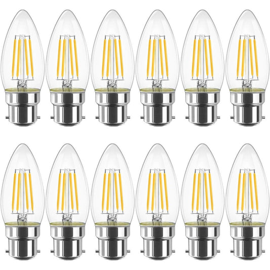 B22 LED Filament Candle Bulb, C35 Bayonet Light Bulbs,470Lm, 4W Replace 40Watt,2700K Warm White Candle Bulbs for Chandeliers Fittings Non-Dimmable (12 PCS)