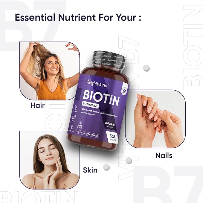 Biotin Hair Growth Supplement 12000Mcg - 365 Vegan Biotin Tablets (1 Year Supply) - Hair Skin and Nails Vitamins for Women and Men – High Absorption D-Biotin - Hair Growth Vitamins - Made in the UK