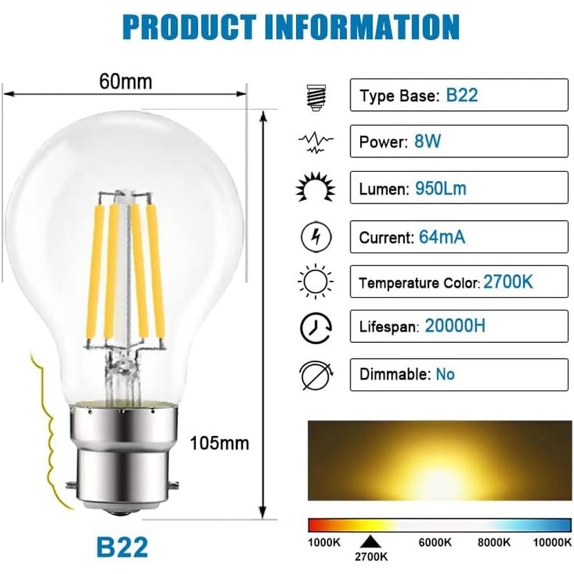 B22 LED Bayonet Filament Bulb, 8W(69W Equivalent), 950LM, Warm White 2700K, A60 Vintage Clear Glass Globe Energy Saving Light Bulbs, Non-Dimmable, Pack of 6