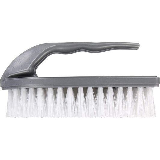 Iron Shaped Scrubbing Brush with Curved Grip Handle, Durable Hard Synthetic Plastic Fibres, Ergonomic Shape Ideal for Deep Cleaning, BPA Free in a Silver Colour Clear Store