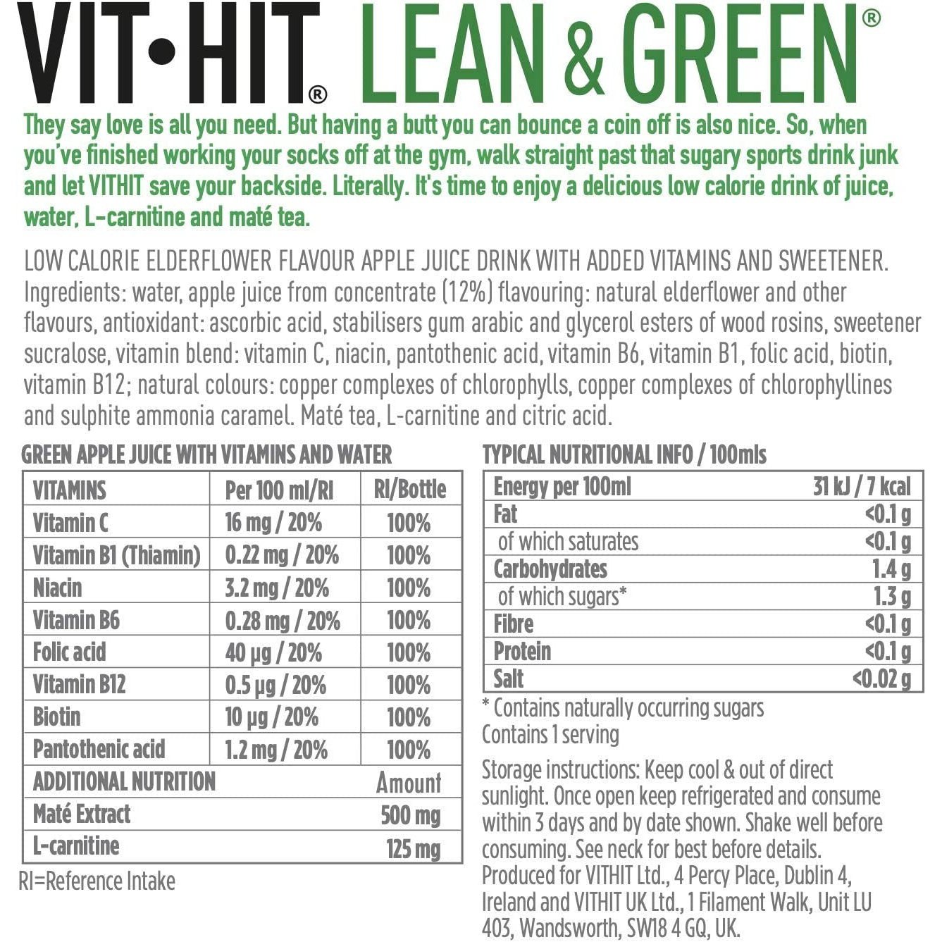 Lean & Green - 12 X Apple + Elderflower + Mate Tea + L-Carnitine | Vegan, Low Sugar, Low Calories, Vitamin Drink | 100% RDA of 8 Vitamins (500Ml X 12 Bottles) Clear Store