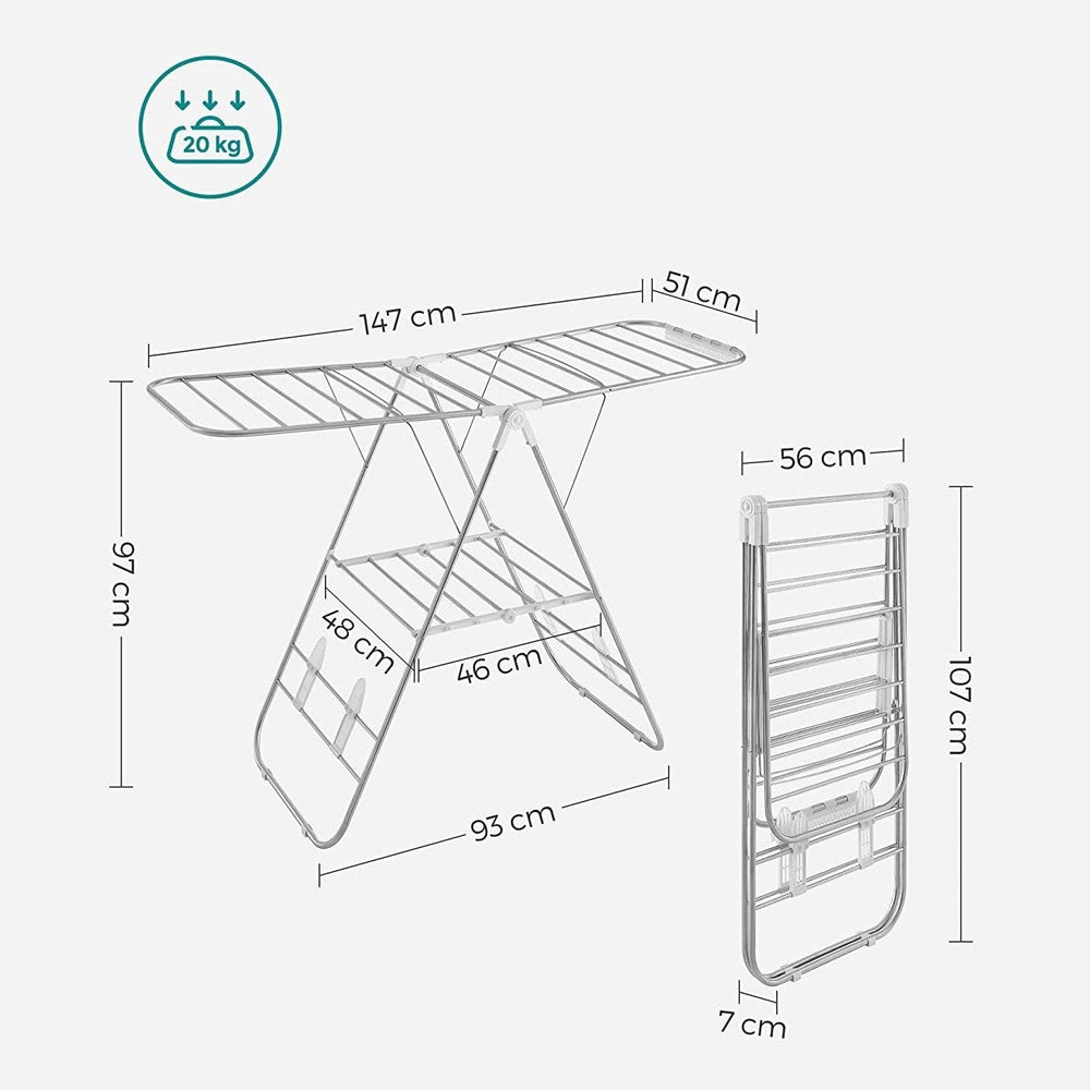 Clothes Airer, Foldable Clothes Drying Rack, Clothes Horse Adjustablee, Stainless Steel, White and Silver Clear Store