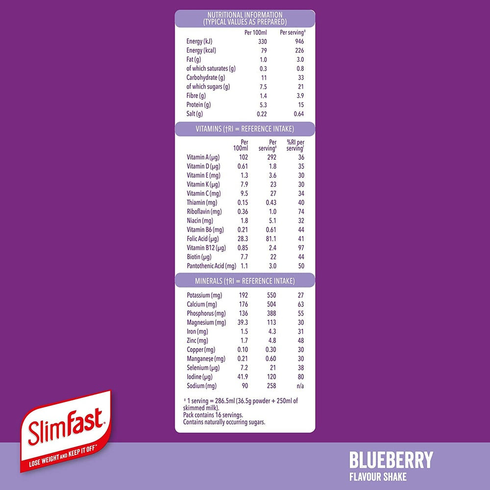 Slimfast Balanced Meal Shake, Blueberry Flavour 16 Servings 584g Clear Store