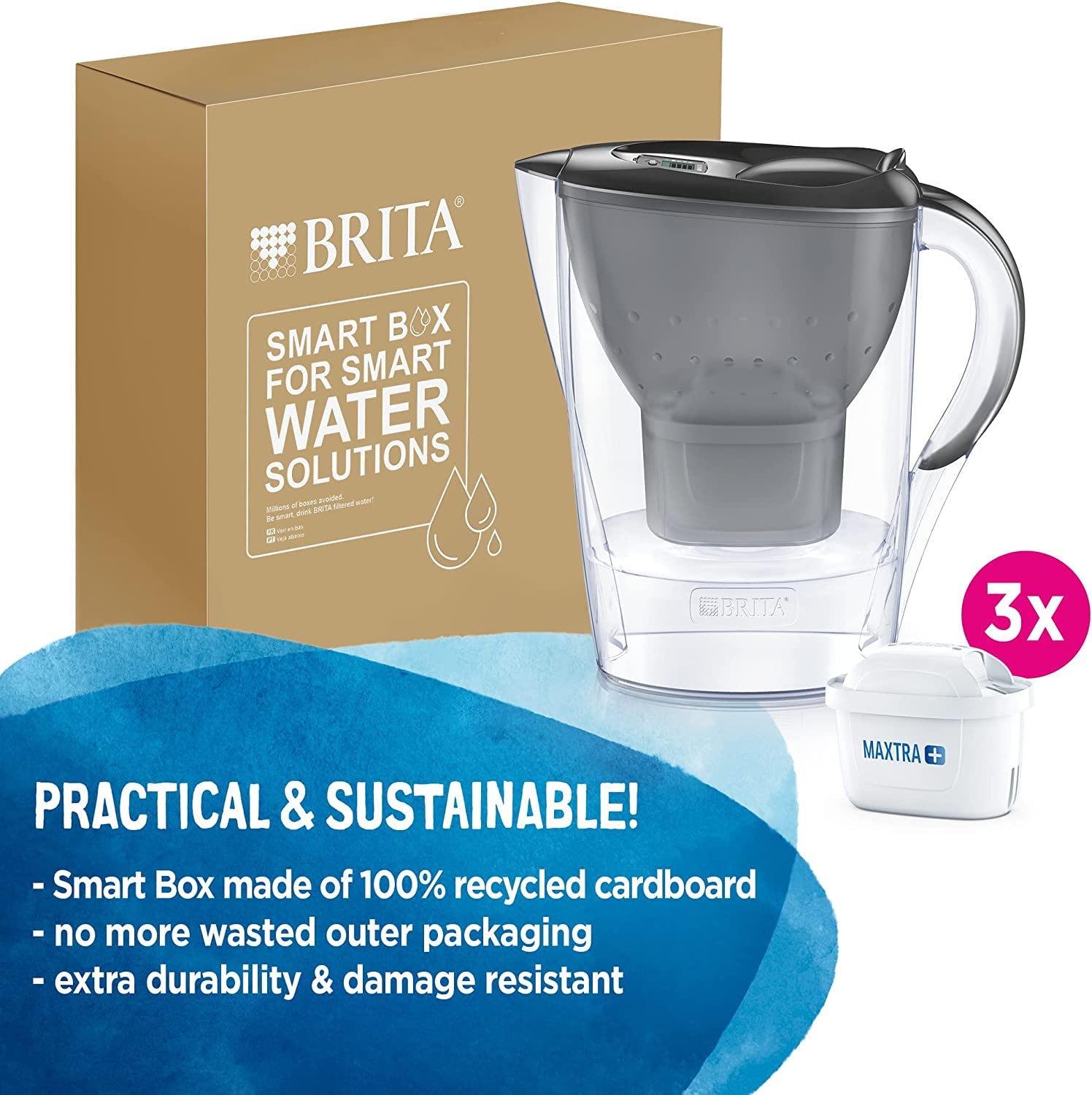 Marella Fridge Water Filter Jug, 2.4L - Graphite. Includes 3 X MAXTRA+ Filter Cartridges for Reduction of Chlorine, Limescale and Impurities - Now in Sustainable Smart Box Packaging