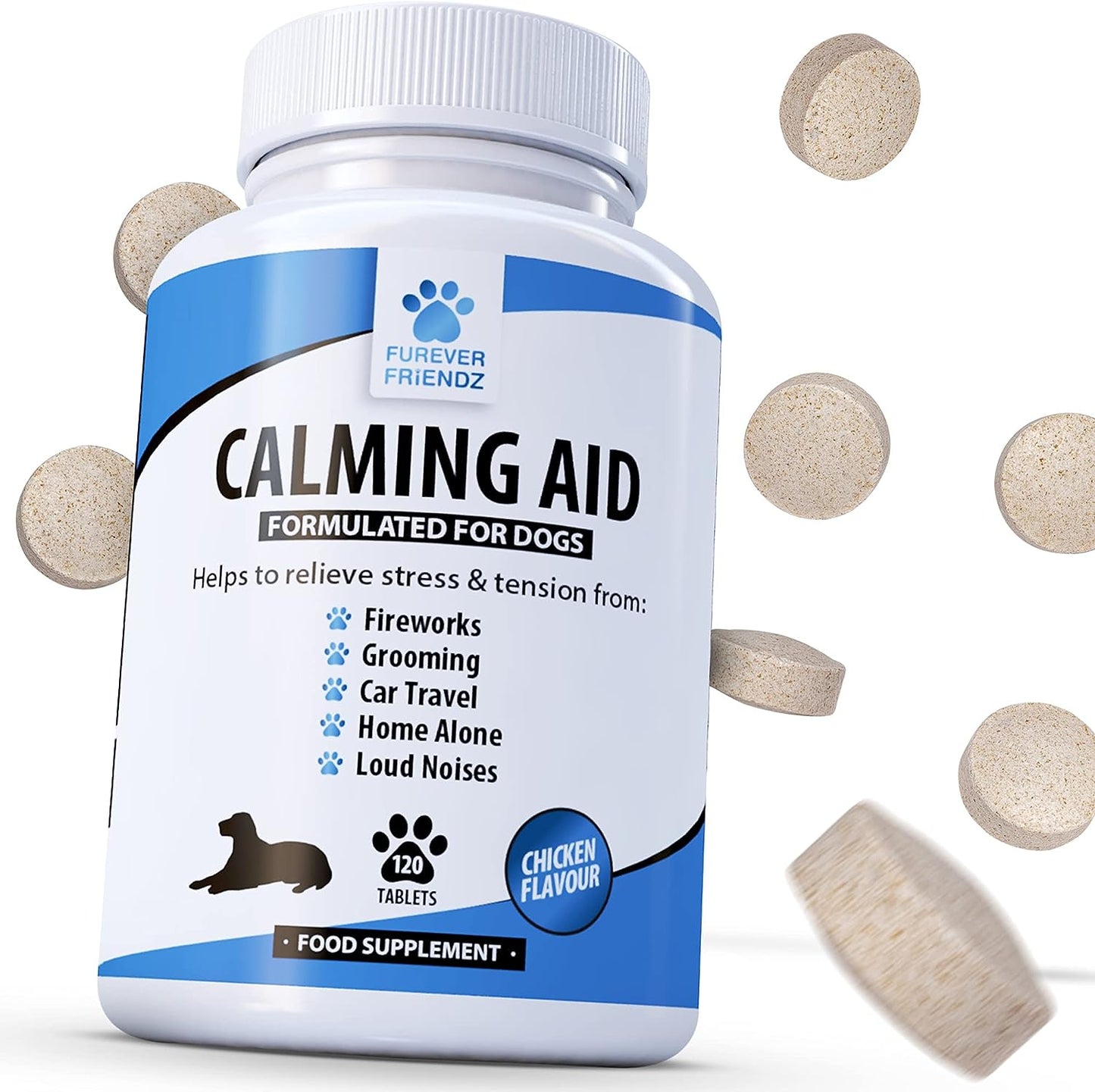 Furever Friendz Natural Dog Calming Tablets for Dogs - 120 Dog Anxiety Relief Supplements - Calming Dog Relieves Stress Related to Fireworks, Loud Noises, Travel Sickness, Separation & Aggression