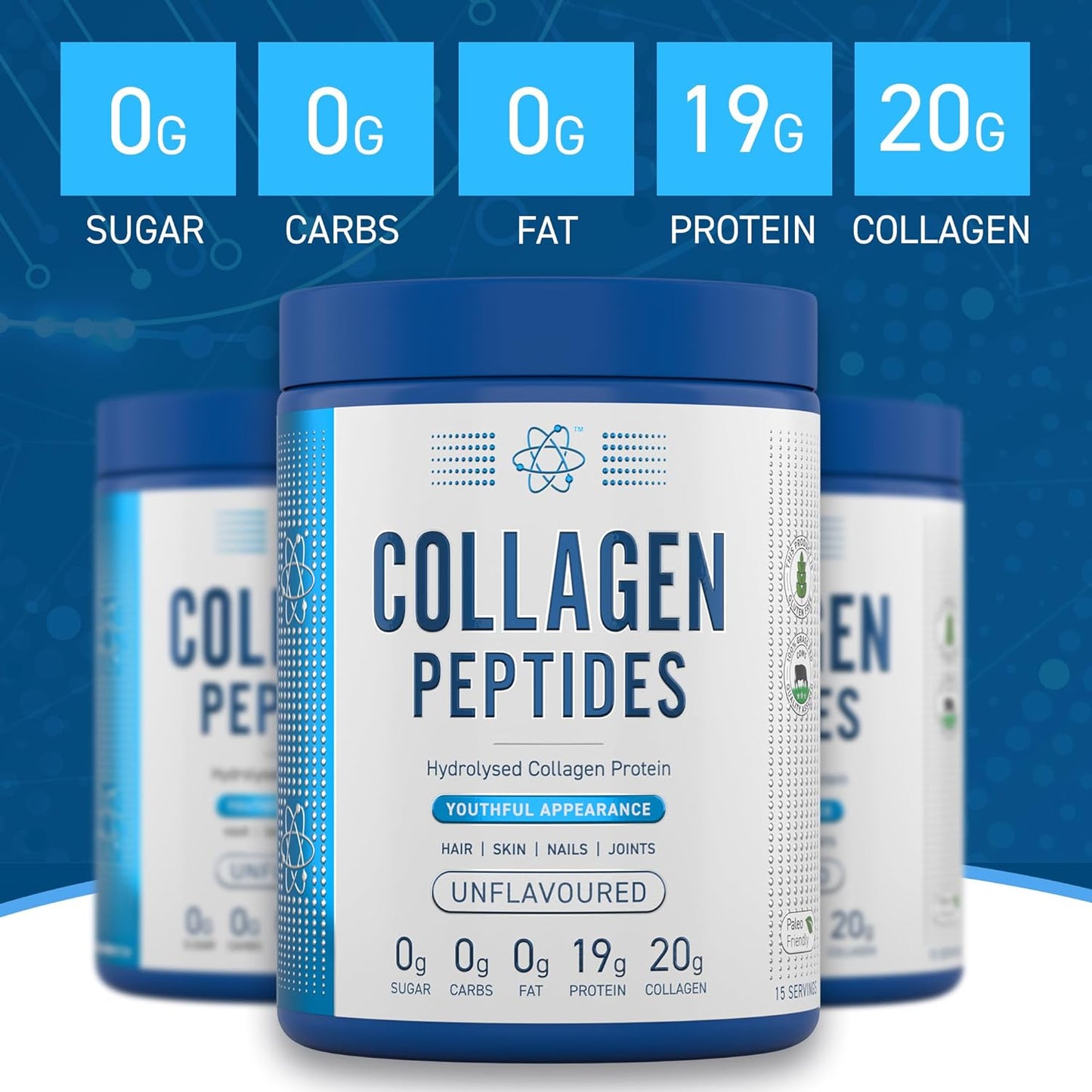 Collagen Peptides Powder - Hydrolysed Bovine Collagen Protein, Halal, Healthy Skin, Hair, Nails (Unflavoured) (300G - 15 Servings)