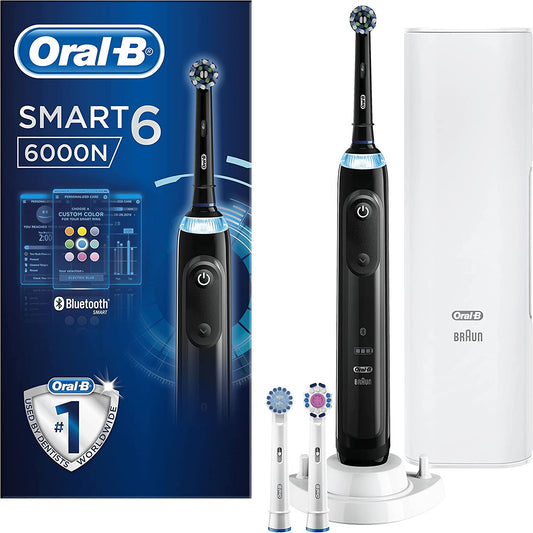 Oral-B Smart 6 Electric Toothbrush with Smart Pressure Sensor, Gifts for Women / Men, App Connected Handle, 3 Toothbrush Heads & Travel Case, 5 Modes, Teeth Whitening, 2 Pin UK Plug, 6000N Clear Store