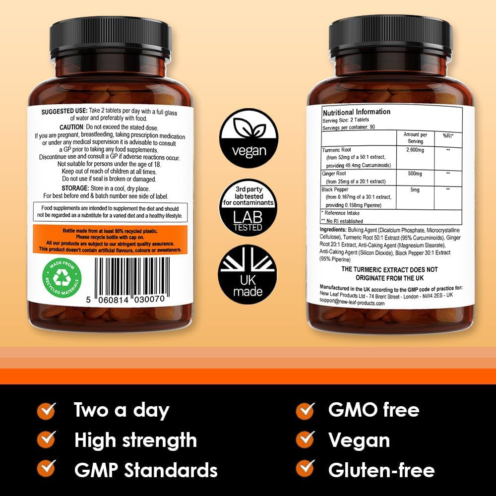 Turmeric Tablets 2600Mg with Black Pepper & Ginger - 95% Curcumin Extract -180 Turmeric and Black Pepper Tablets (3 Months) High Strength Active Turmeric Supplements Not Turmeric Capsules,By New Leaf