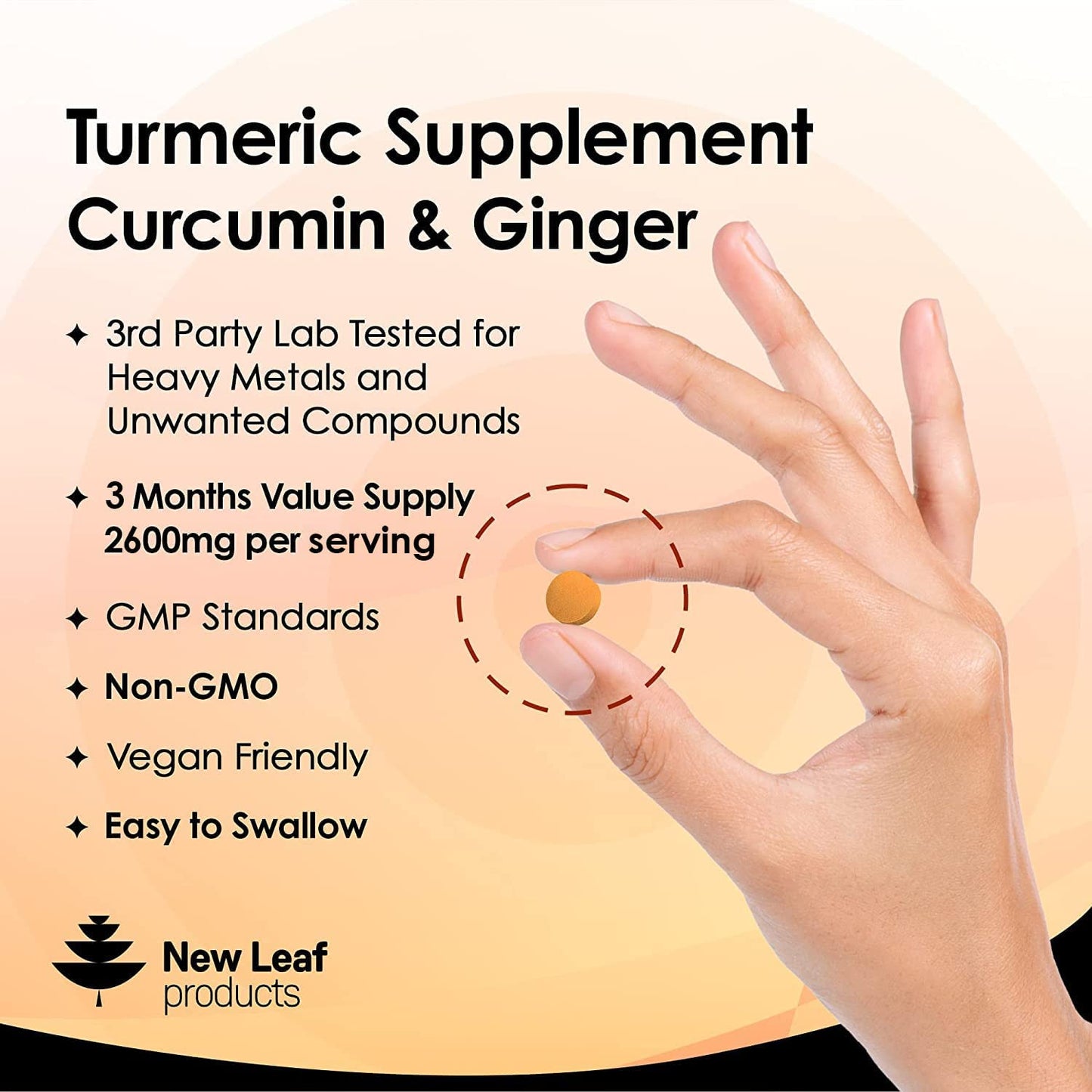 Turmeric Tablets 2600Mg with Black Pepper & Ginger - 95% Curcumin Extract -180 Turmeric and Black Pepper Tablets (3 Months) High Strength Active Turmeric Supplements Not Turmeric Capsules,By New Leaf