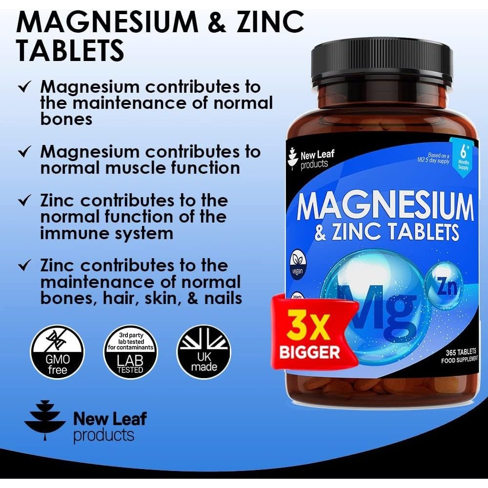 Magnesium Supplements with Zinc 365 Tablets – Bones, Muscle Immune Support Easy to Swallow Sleep Supplement Vegan, Gmo-Free, Gluten-Free, UK Made by New Leaf