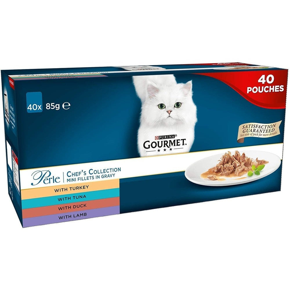 Cat Food Wet Pouches in Gravy, Perle Chef'S Collection 40 X 85g, Mix Pet food Clear Store