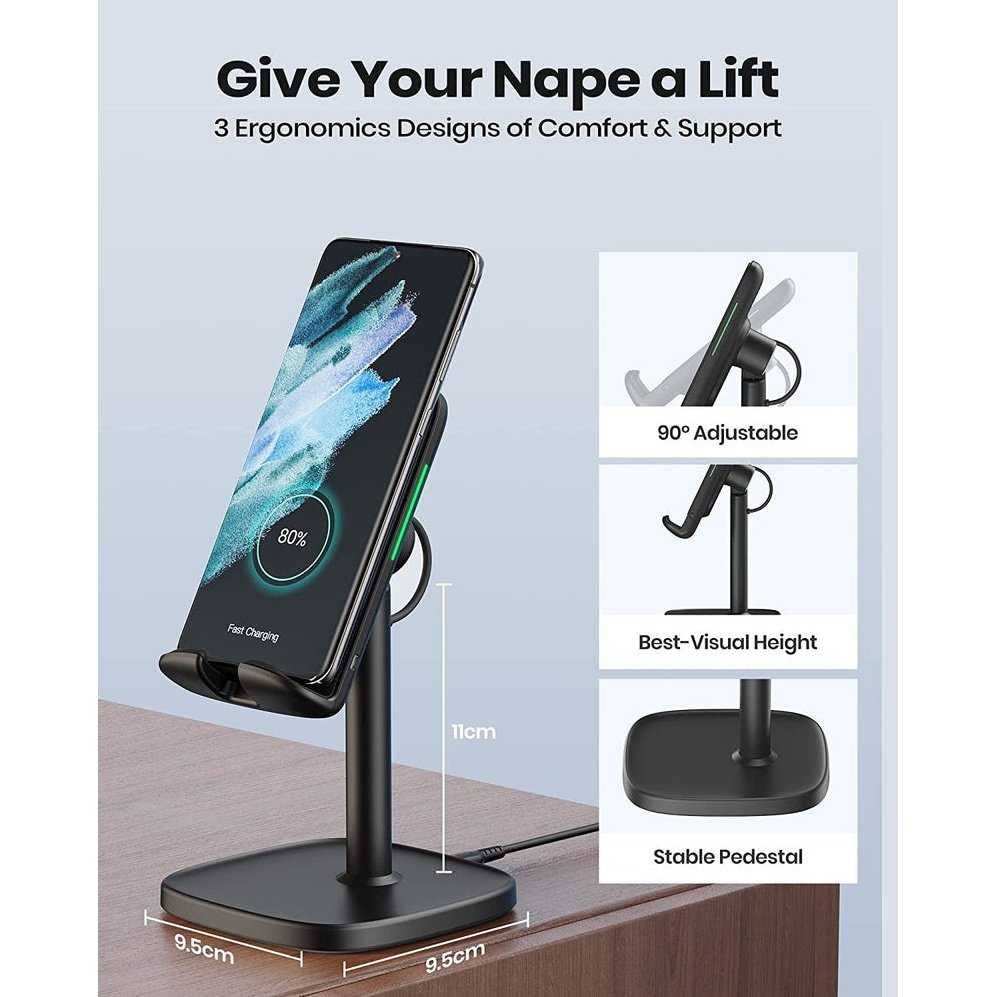 INIU Wireless Charger Phone Stand, 15W Fast Charge Adjustable Phone Desk Holder with Sleep-Friendly Adaptive Indicator Wireless Charging Support for Iphone 14 13 12 11 Pro Max XR Samsung Google LG Etc