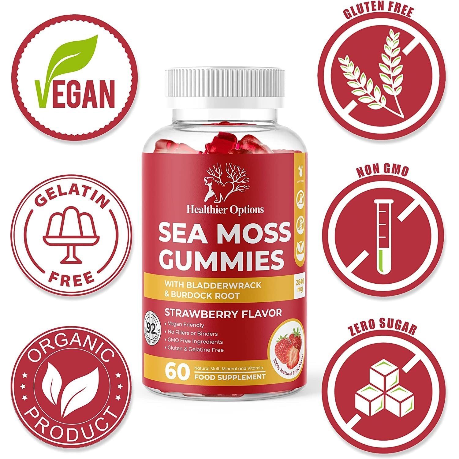 Irish Sea Moss Gummies with Bladderwrack & Burdock Root 2840 Mg | 60 Gummies | Strawberry Flavour | Vitamins & Minerals | Organic, Natural, Vegan, Gluten Free, Non GMO, High Strength