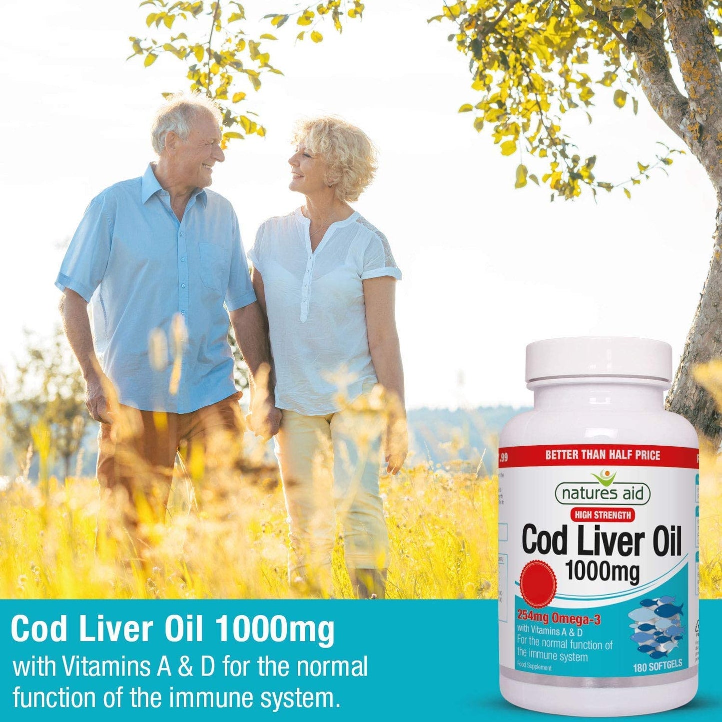 Natures Aid Cod Liver Oil, 1000 Mg, 180 Softgel Capsules, High Strength, 254 Mg Omega-3 with Vitamins A and D Clear Store