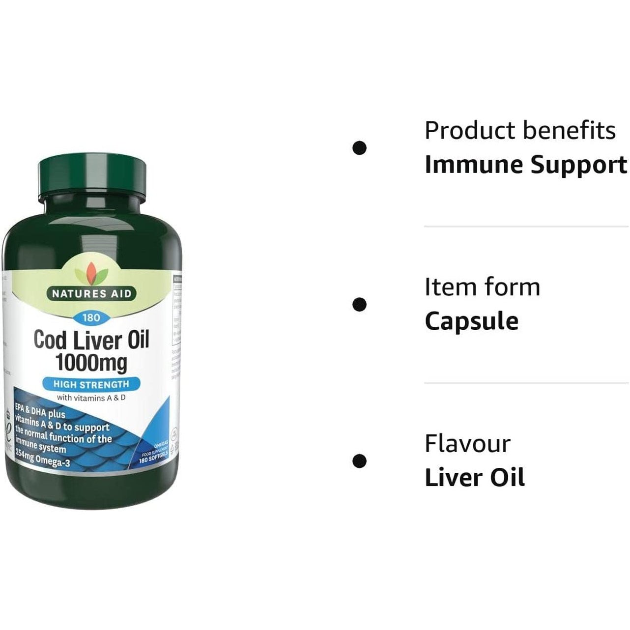 Natures Aid Cod Liver Oil, 1000 Mg, 180 Softgel Capsules, High Strength, 254 Mg Omega-3 with Vitamins A and D Clear Store