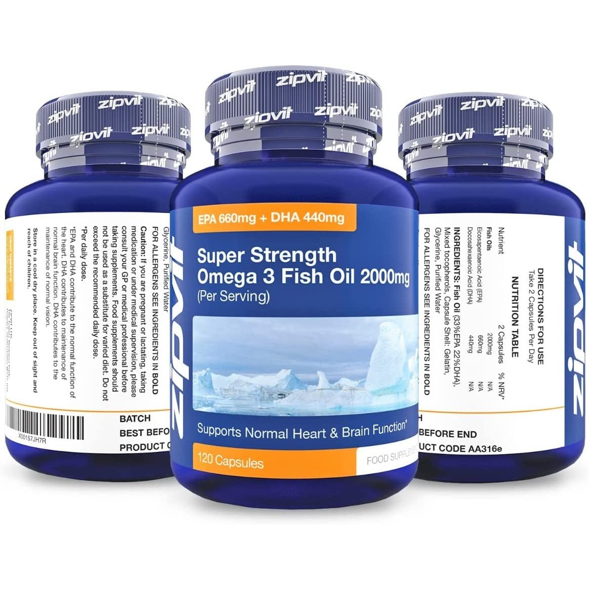 Omega 3 Fish Oil 2000Mg, EPA 660Mg DHA 440Mg per Daily Serving. 120 Capsules (2 Months Supply). Supports Heart, Brain Function and Eye Health. 2 Capsules per Serving