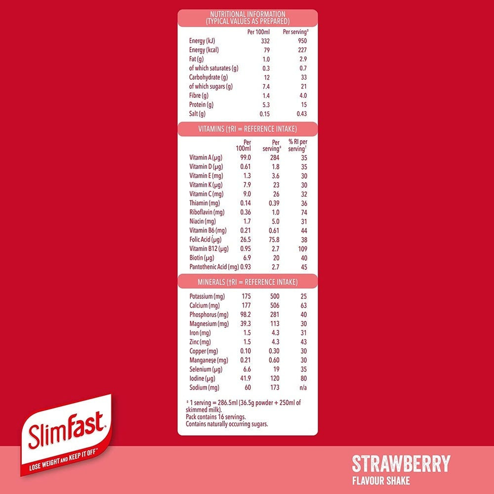 SlimFast Balanced Meal Shake with Vitamins and Minerals, High in Fibre, Meal Replacement, Strawberry Flavour, 16 Servings, 584 G Clear Store