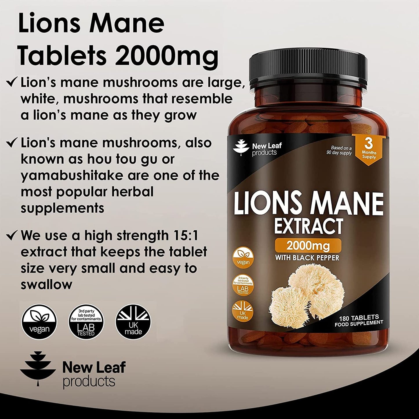 Lions Mane Mushroom 2000Mg - 180 High Strength Vegan Tablets - Lion'S Mane Supplement with Black Pepper - Lion'S Mane Mushrooms Extract (Not Powder or Capsules) Made in the UK by