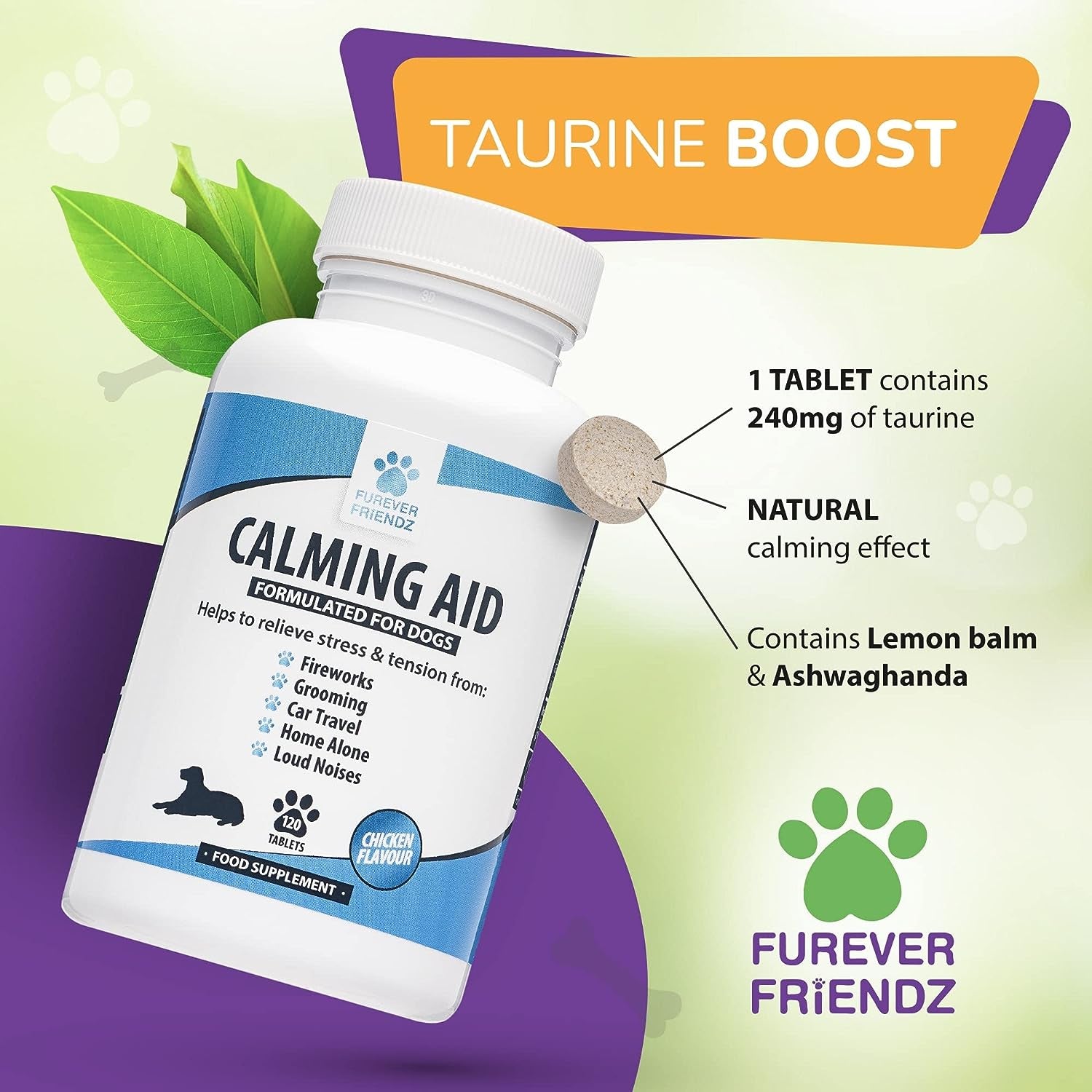 Furever Friendz Natural Dog Calming Tablets for Dogs - 120 Dog Anxiety Relief Supplements - Calming Dog Relieves Stress Related to Fireworks, Loud Noises, Travel Sickness, Separation & Aggression