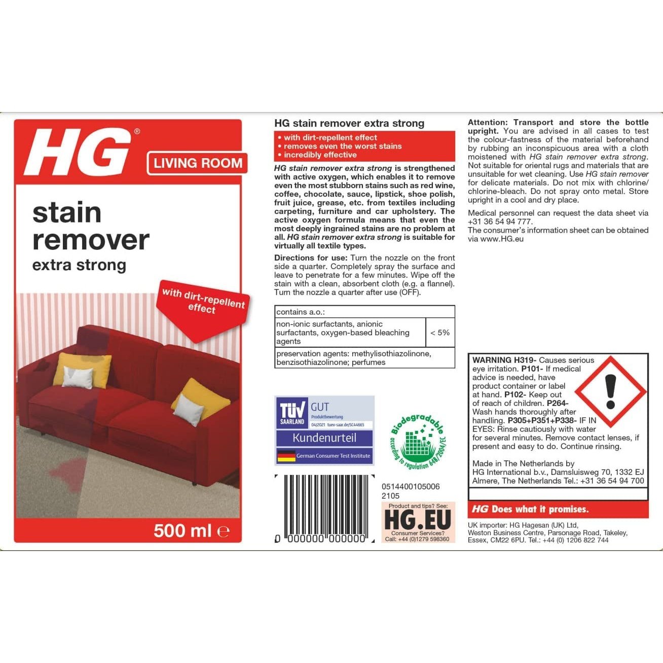 HG Stain Remover Extra Strong, Carpet Cleaner Spray & Upholstery Cleaner by HG Cleaning Products, Removes Deeply Ingrained Marks, Effective Stain Remover for Most Types of Fabrics - 500Ml (144050106)