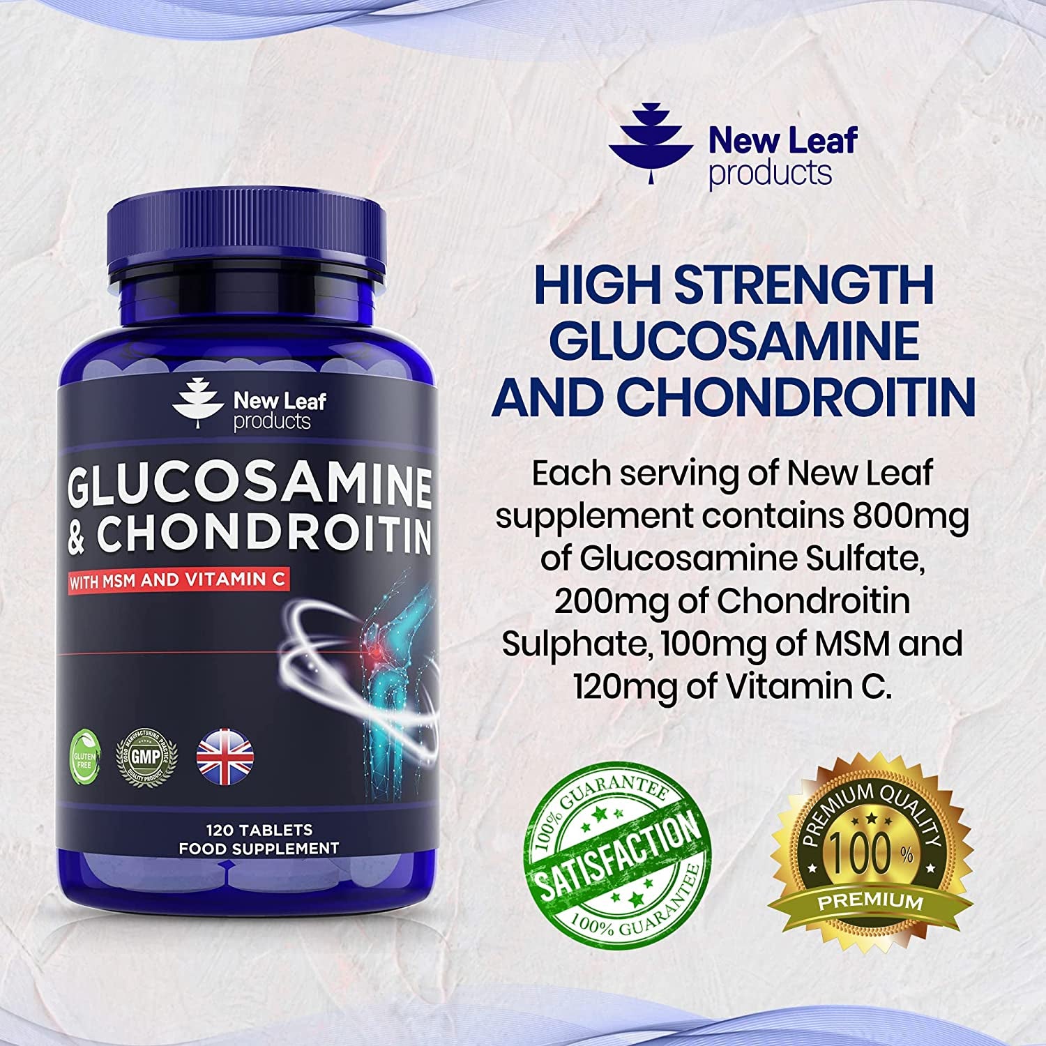 Glucosamine and Chondroitin High Strength 120 Tablets - Contributes to the Normal Function of Bones Clear Store