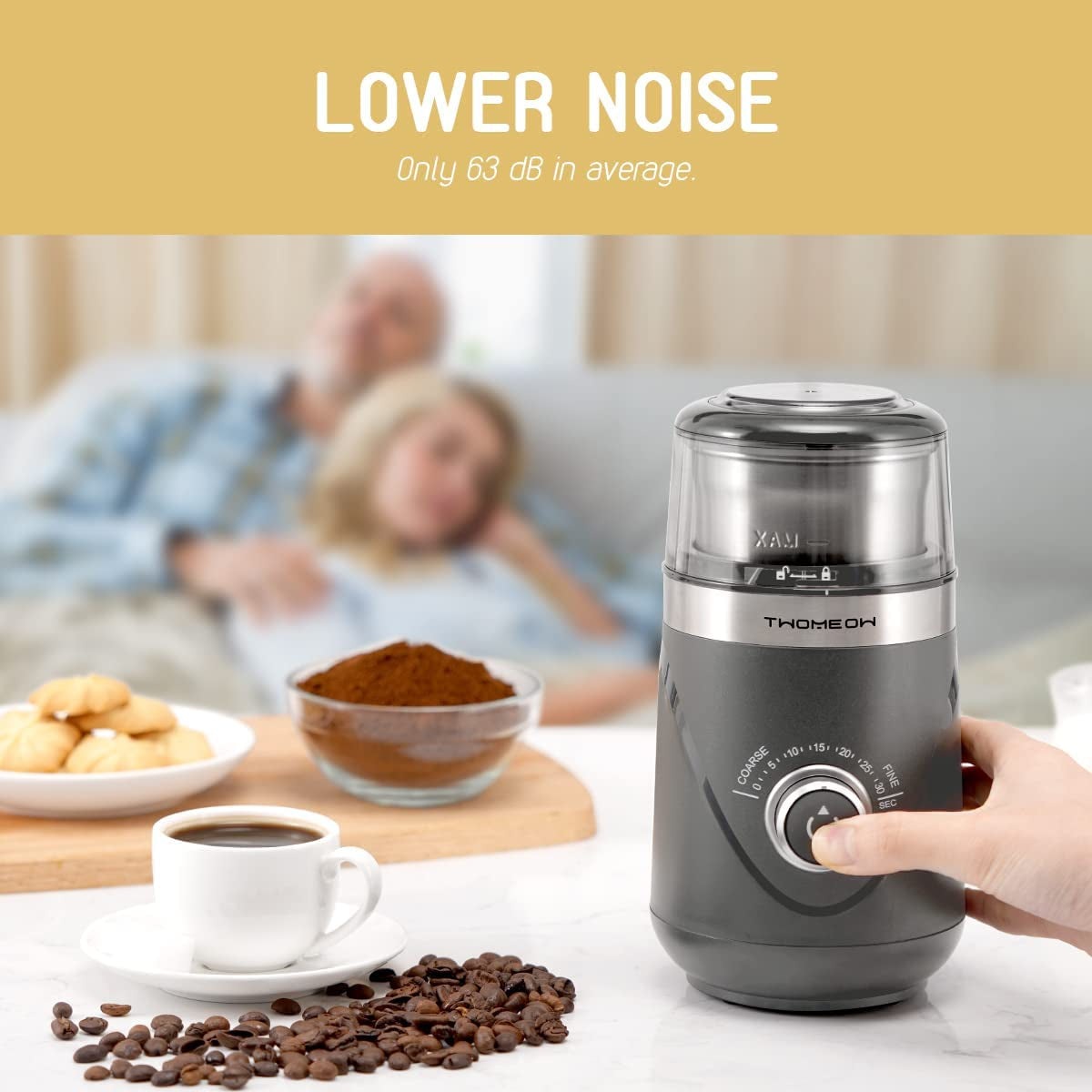 Coffee Grinder, Adjustable Grinder with Stainless Steel Blade and Removable Grinding Cup for Coffee 80G, Grey Clear Store