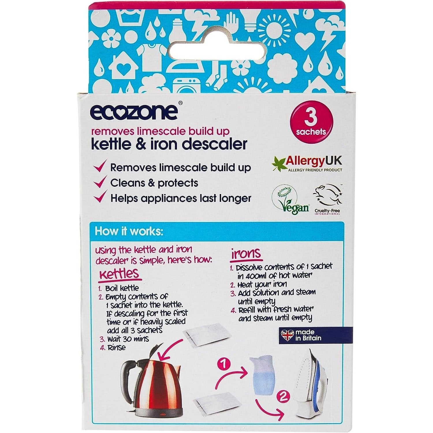 Kettle and Iron Descaler, Internal Cleaner & Scale Remover for Kitchen & Home Appliances, Limescale Prevention Sachets, Easy to Use, Natural Vegan & Non Toxic Eco-Safe Formula (3 Treatments)