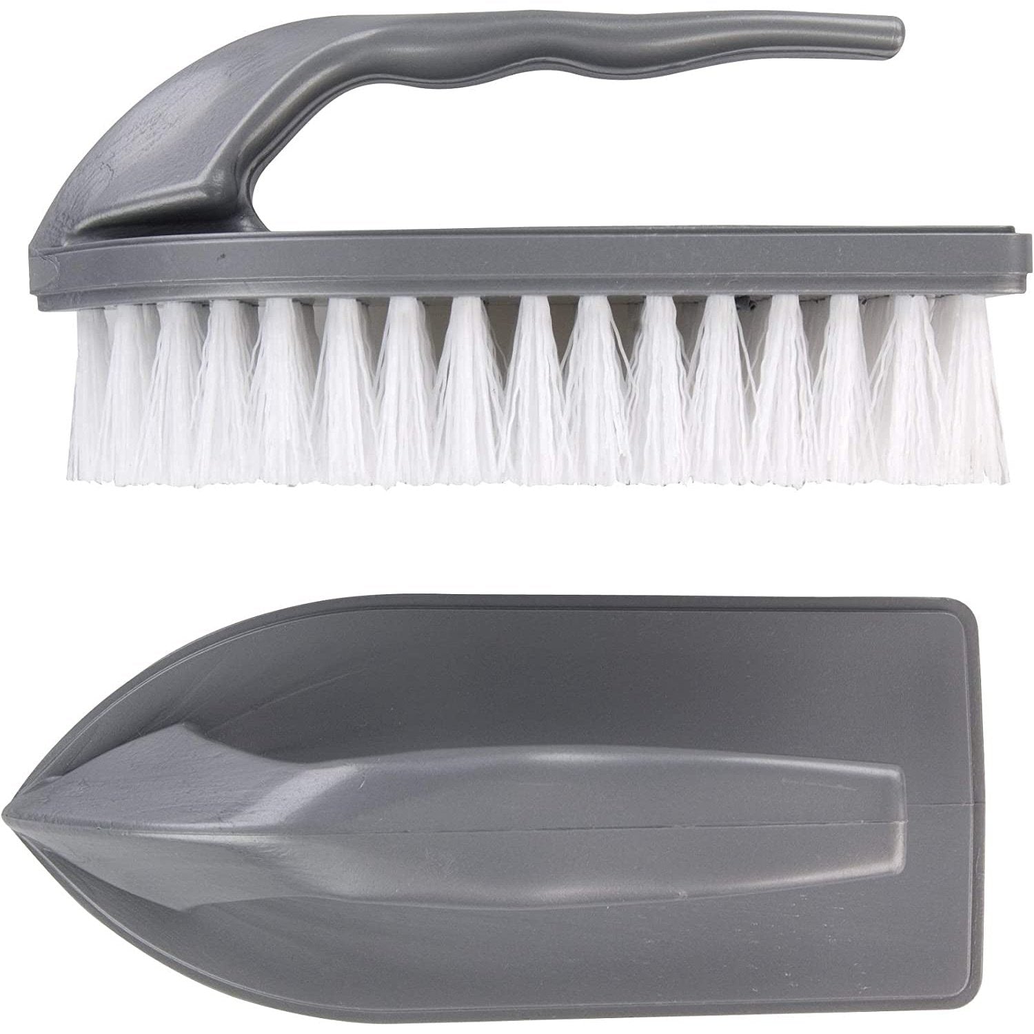 Iron Shaped Scrubbing Brush with Curved Grip Handle, Durable Hard Synthetic Plastic Fibres, Ergonomic Shape Ideal for Deep Cleaning, BPA Free in a Silver Colour Clear Store