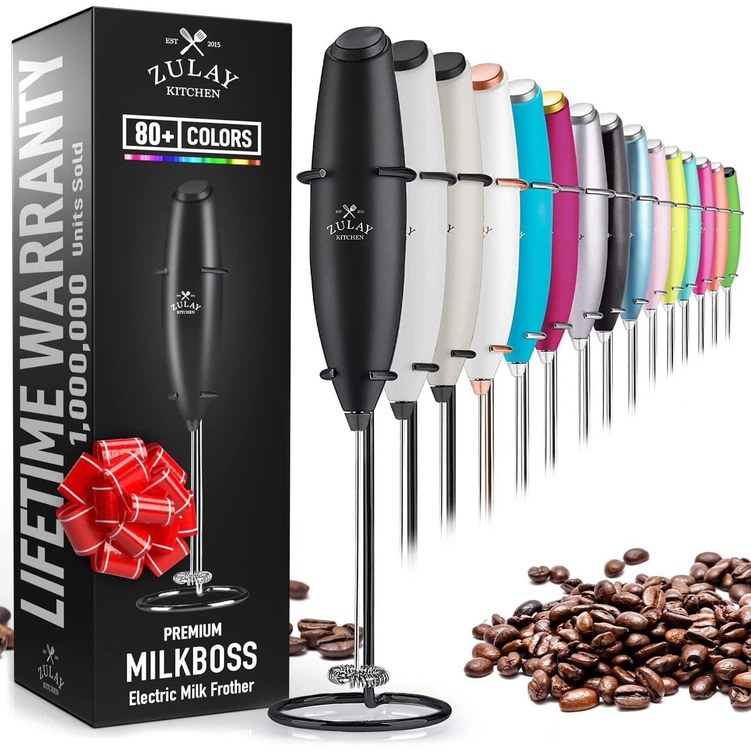 Zulay Powerful Milk Frother Handheld Foam Maker for Lattes - Whisk Drink Mixer for Coffee, Mini Foamer for Cappuccino, Frappe, Matcha, Hot Chocolate by Milk Boss (Exec Black with Black Stand) Clear Store