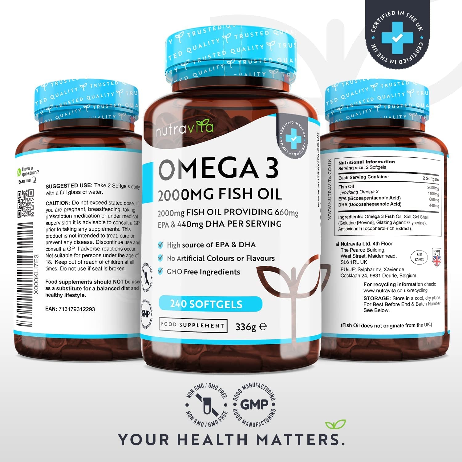 Omega 3 Fish Oil 2000Mg – 240 High Strength Capsules (4 Month Supply) – 660Mg EPA & 440Mg DHA per Daily Serving – Supports Normal Heart Function – Pure Omega 3 Capsules – Made in the UK by