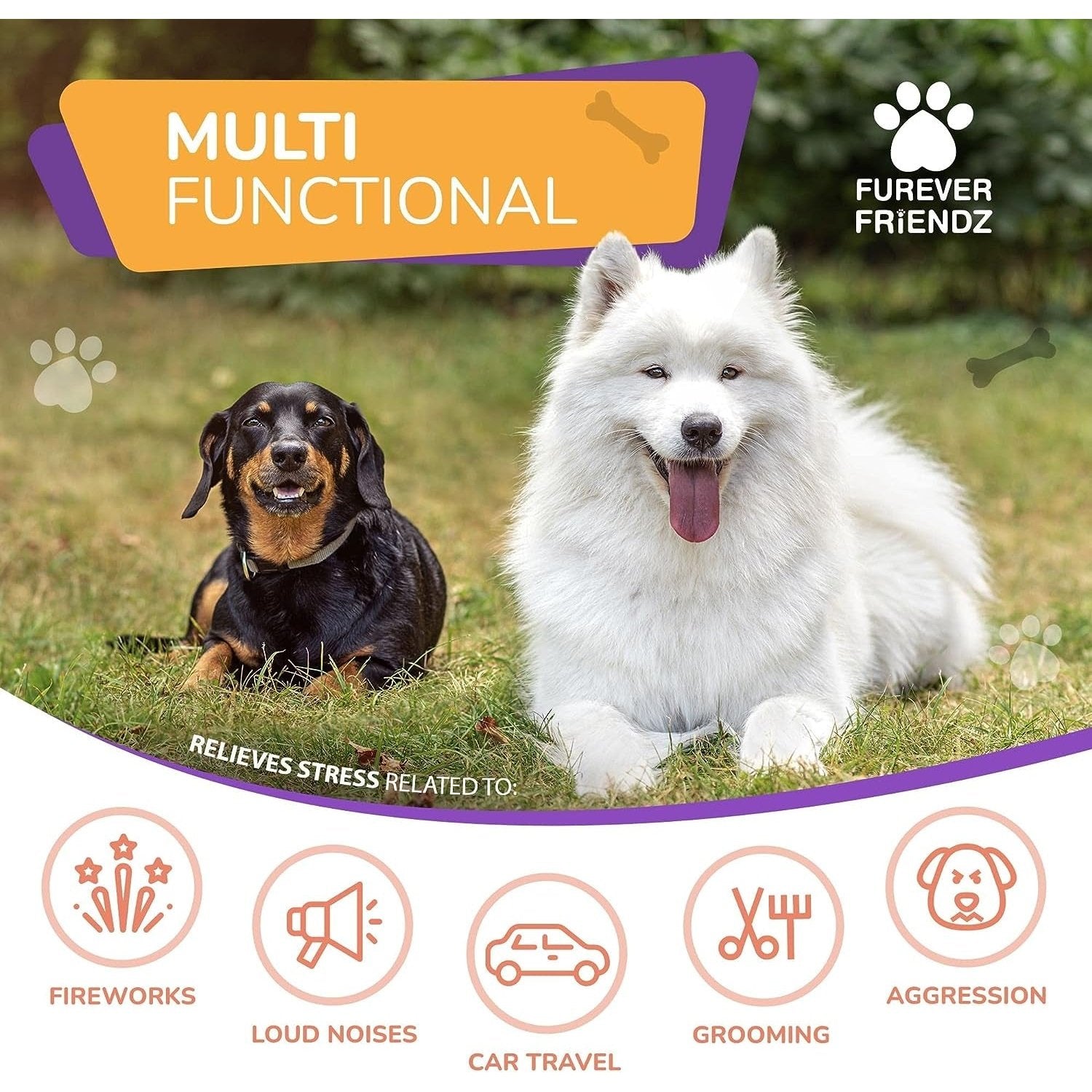 Furever Friendz Natural Dog Calming Tablets for Dogs - 120 Dog Anxiety Relief Supplements - Calming Dog Relieves Stress Related to Fireworks, Loud Noises, Travel Sickness, Separation & Aggression