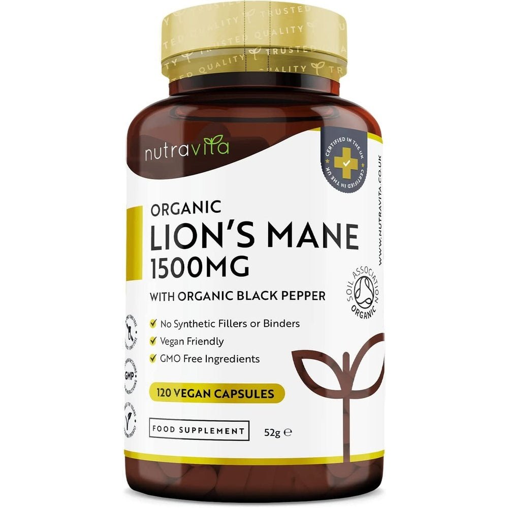 Organic Lions Mane Mushroom 1500Mg - 120 High Strength Vegan Capsules (Not Powder) - Lions Mane Supplement with Organic Black Pepper - Made in the UK by