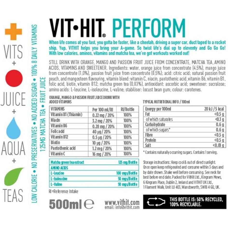 VIT HIT Perform - 12 X Orange + Mango + Passionfruit + Matcha Tea + Amino Acids | Vegan, Low Sugar, Low Calories, Vitamin Drink | 100% RDA of 8 Vitamins (500Ml X12 Bottles) Clear Store