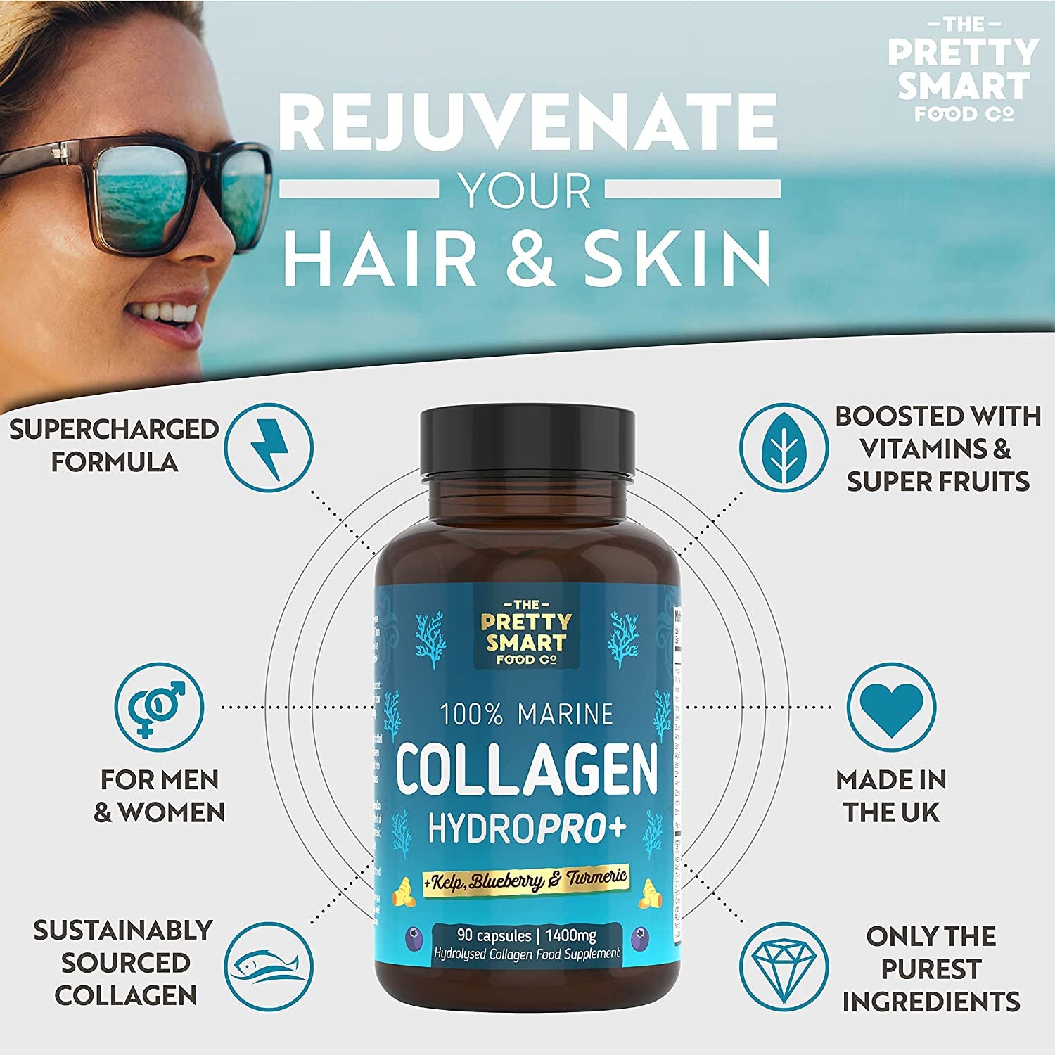 Powerful Marine Collagen Tablets - with Hyaluronic Acid, Biotin & Blueberry - 1400MG Complex - Hydrolysed Type 1 - with Vitamins & Minerals - 90 Capsules - Made in the UK by the Pretty Smart Food Co